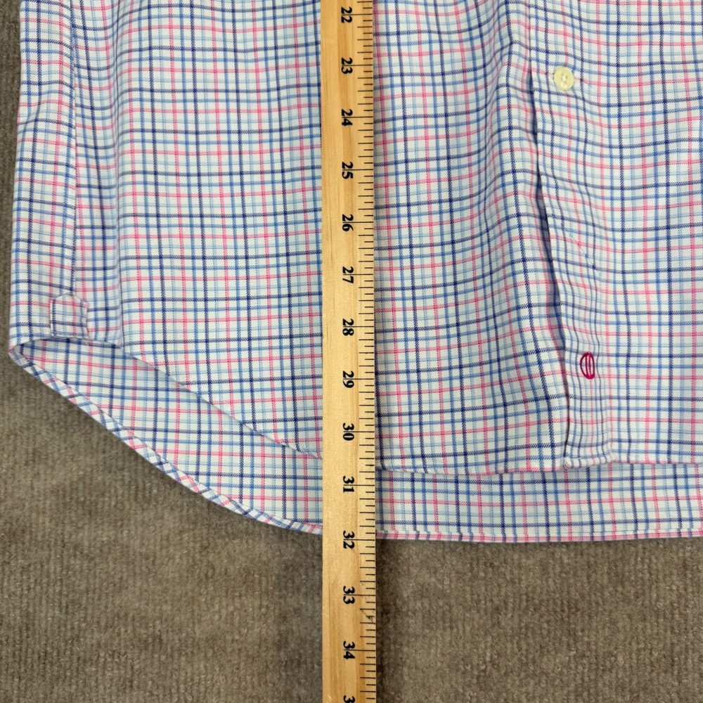 David Donahue Mens Dress Shirt 16 1/2 34/35 Blue Pink Plaid Cotton Trim Fit - Picture 5 of 15